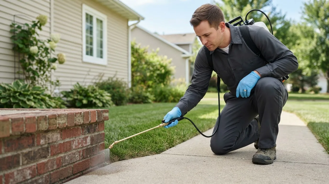Pest control technician treating a home near North Waterboro, ME